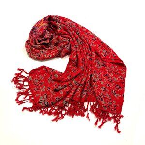 It's Red! Homestead Red Floral Rayon Scarf with Medallion Center 29x68 inches